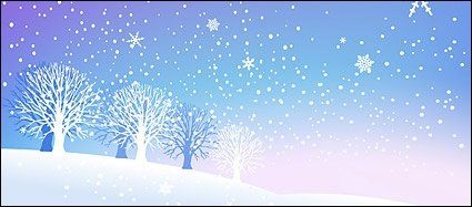 na niebieskim tle białe drzewa, padający śnieg
